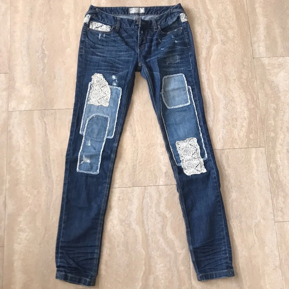 Free People Patchwork Skinny Jeans Size 25 Daisy Haynes Crochet Lace Festival - Picture 2 of 14